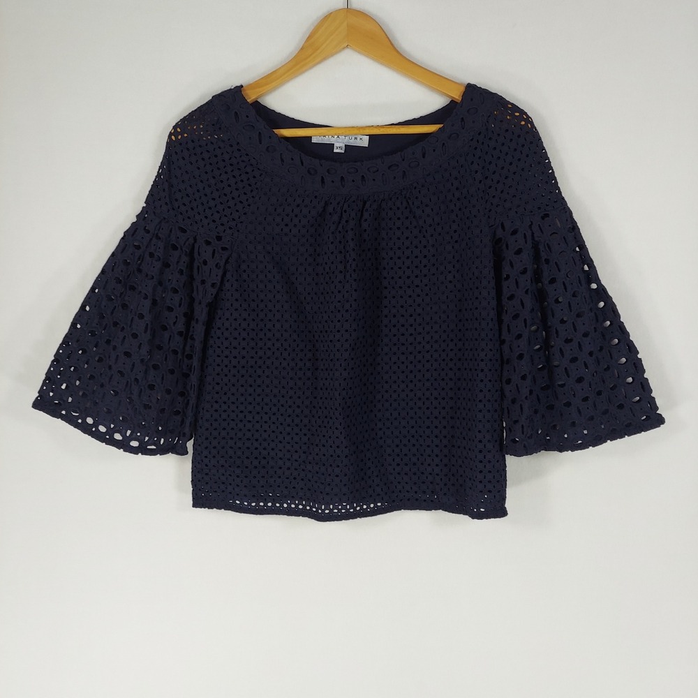 Trina Turk Eyelet Bell Sleeve Top Cotton Boho Peasant Embroidered Navy Blue XS